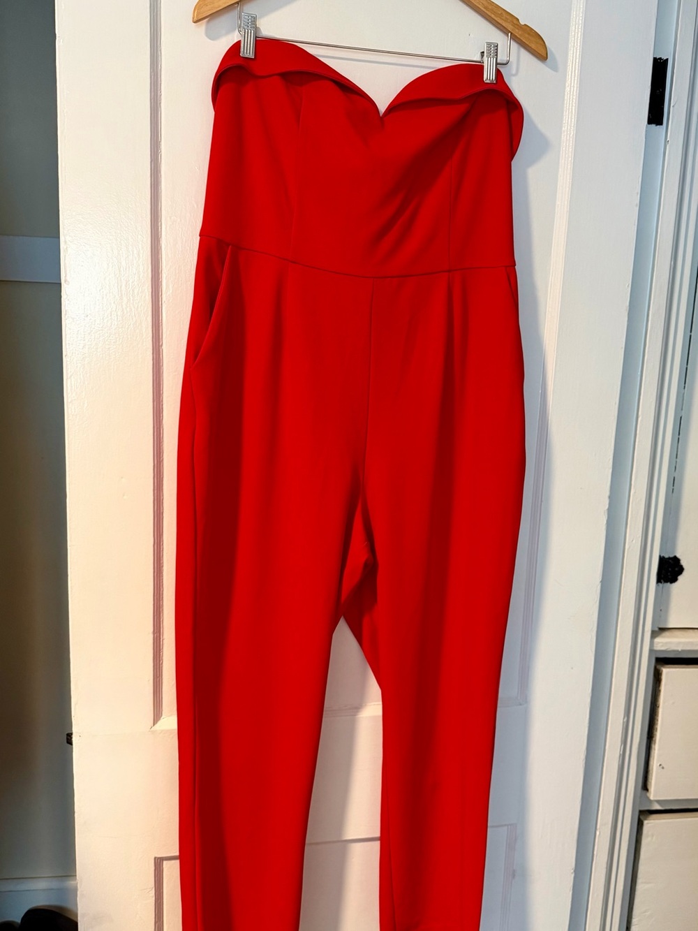 Express Strapless Red Jumpsuit with Sweetheart Neckline